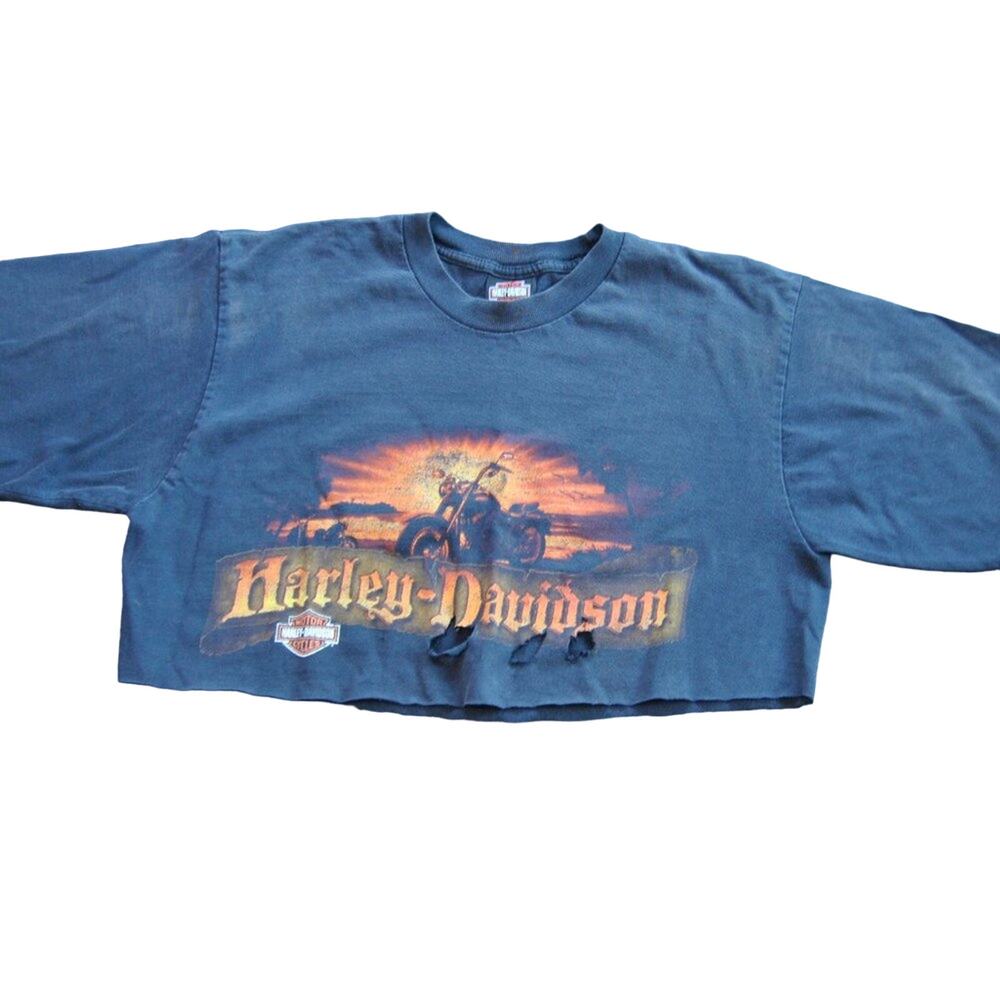 Harley Davidson Black & Orange Custom Distressed Crop Top Large